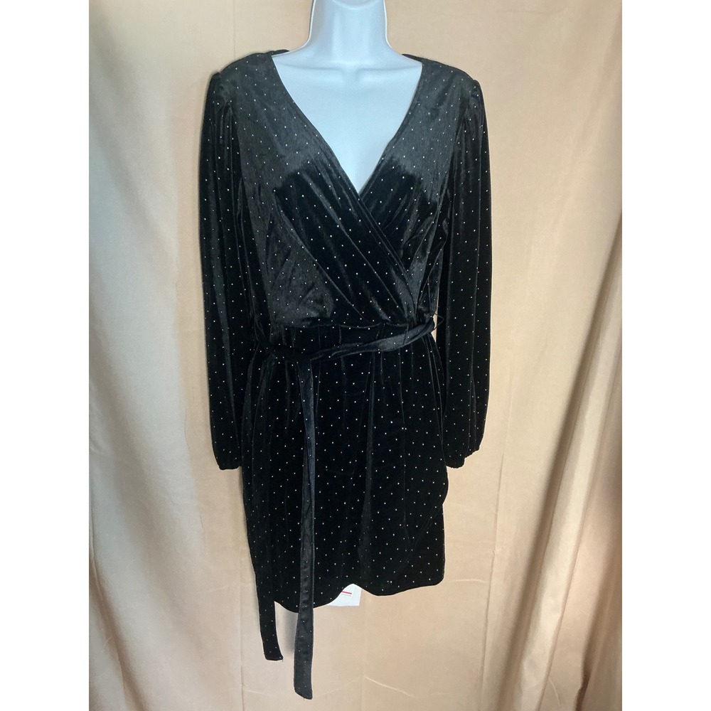 Nine West Wrap Dress Womens Large Black Excellent Velvet Metallic Dot Mini